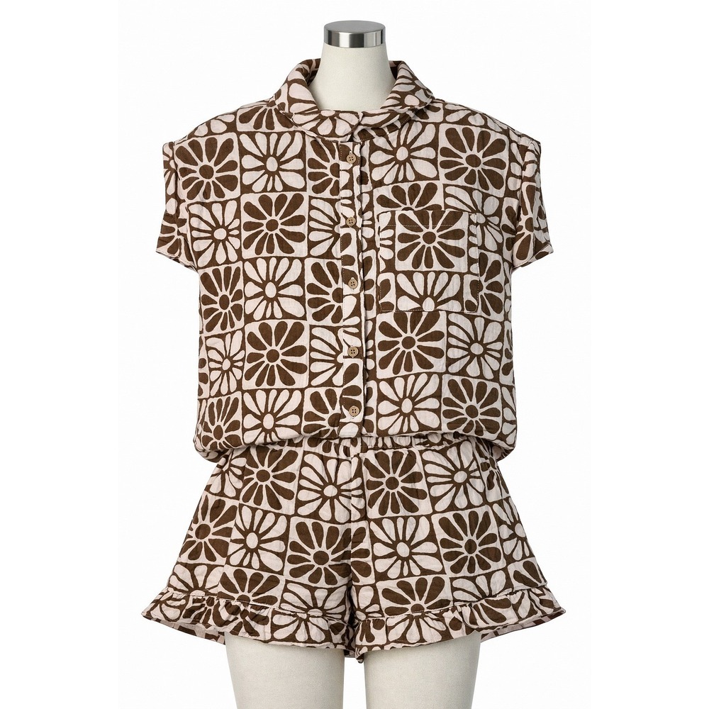 Grayson Threads Kids Girls Brown Floral Print Two‎ Piece Set Top Shorts Size M